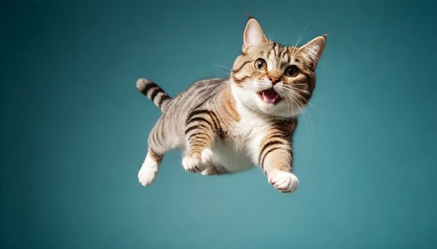funny cat flying. photo of a playful tabby cat jumping mid-air looking at camera. background with copy space
