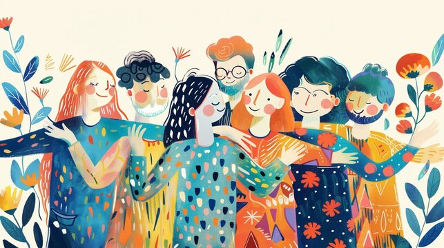 Fototapeta Smiling cartoon happiness celebration fun, group of friends