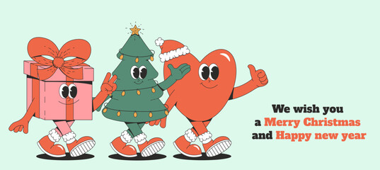 Naklejka premium Merry Christmas and Happy New year banner and card. Playful and cheeky characters in trendy groovy style. Retro elements and shapes. Vector illustration