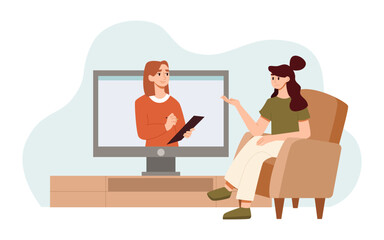 Mental Health Concept. Woman Talking to Psychologist on the Screen. Flat Cartoon Vector Illustration.