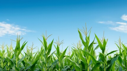 Obraz premium Green cornstalks aligned in orderly rows, creating a striking contrast with the blue sky