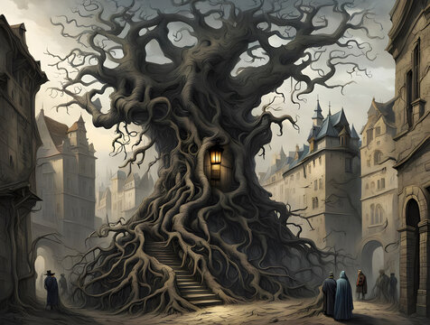 An old medieval city with a city gate on which a gnarled tree with long roots has grown.