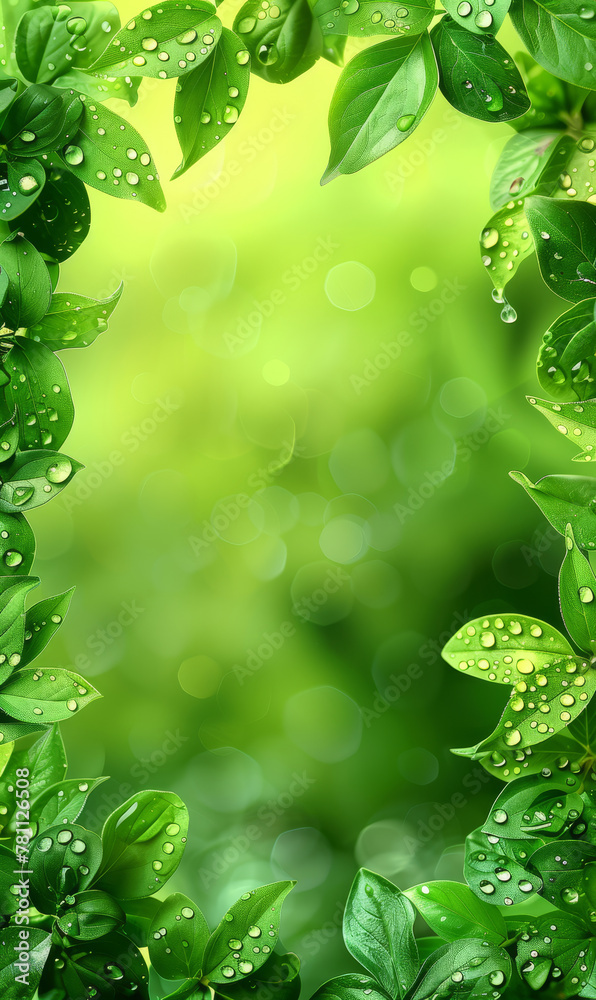 Poster Fresh water droplets on vibrant green leaves create a natural border for text.