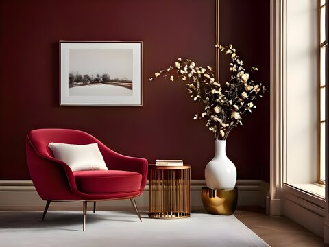 "The image evokes peace and luxury, inviting viewers into a world of refined comfort. A meticulously designed room with ample space, rich maroon walls, and tasteful furnishings 