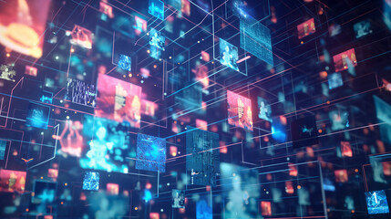 Fototapeta premium A mix of purple, electric blue, and magenta screens show urban design patterns in a dark room, creating art in the city space. Fonts shine in the darkness