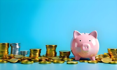 "An image illustrating how commercial savings fuel business success. A full piggy bank against a clear blue backdrop symbolizes clarity, stability, and growth. Vibrant colors and dynamic composition e