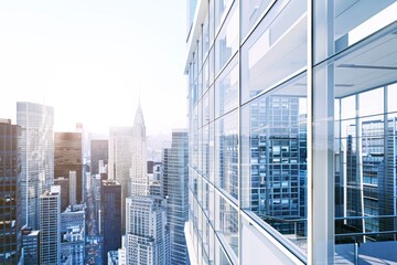 Fototapeta premium Realistic rendering of an office building with large glass windows overlooking the city skyline