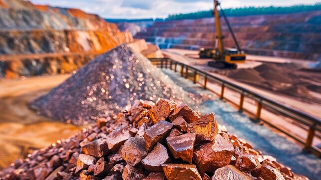 Electric rope shovel and dump truck at a copper mine
