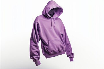 Purple hoodie floating in the air, isolated on a white background in a detailed, high resolution, professional photograph with sharp focus and very realistic detail, flying angle