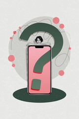 Vertical creative collage picture young pretty girl stand behind smartphone touchscreen question...