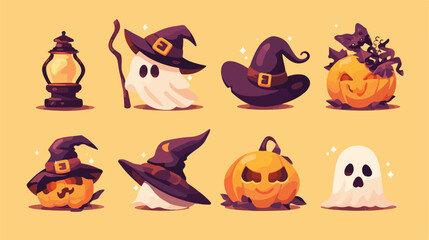 Halloween vector icons with yellow background 2d fl