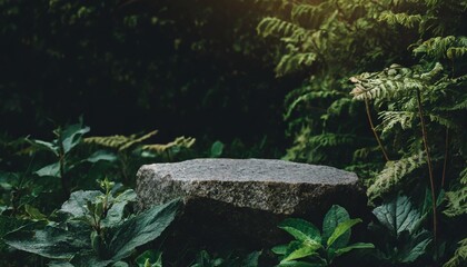 rock podium in a natural setting natural greenery sunset sunlight atmospheric natural background zen style stone in a lush garden ideal for a stand podium for eco products