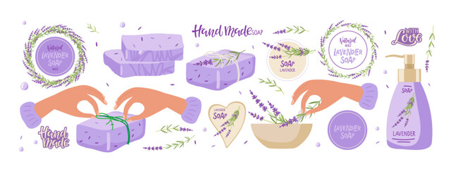 Soap Making, Homemade Lavender soap with labes. Person makes handmade soap with grass of lavender for sale, gift. Vector Illustration for small business. Herbal Healing body care. Natural spa product.