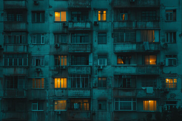 A front view of an old flat, with some of the apartments lit on