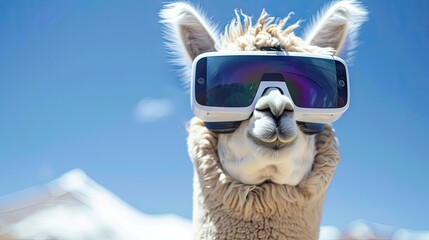 Fototapeta premium funny alpaca sporting VR headsets. Experience whimsical adventures in virtual reality with this adorable companion!