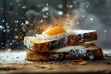Foto op Aluminium Stacked toast in a studio set for a simple breakfast. © CatNap Studio