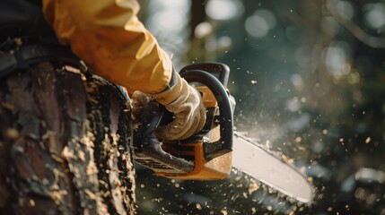 Construction worker using chainsaw to trim trees with power tool on site close-up - obrazy, fototapety, plakaty