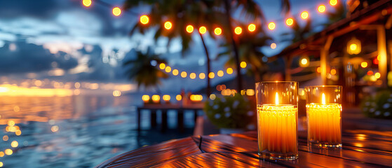 Beachside Dining Under the Stars, Where the Evening Air Is Filled with the Scent of the Sea and the Warmth of Candlelight - obrazy, fototapety, plakaty