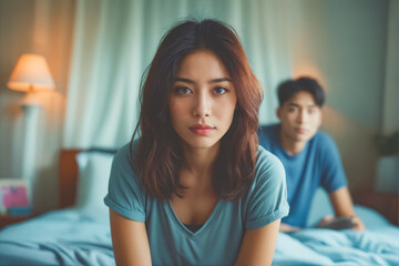 A woman sitting on a bed with a man behind her. - obrazy, fototapety, plakaty