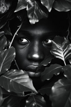 A black and white photo of a person hiding behind leaves.