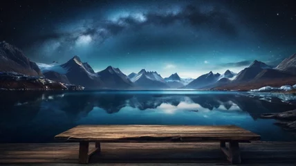 Fototapeten Rustic wooden table with view of mountain lake scene in the background © triocean