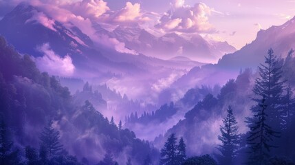 The sky is a beautiful shade of purple with clouds floating above. The mountains in the background are covered in fog, creating a serene and peaceful atmosphere - obrazy, fototapety, plakaty