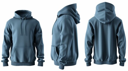 Set of blue front and back view tee hoodie hoody sweatshirt on transparent background cutout, PNG file. Mockup template for artwork graphic design - obrazy, fototapety, plakaty