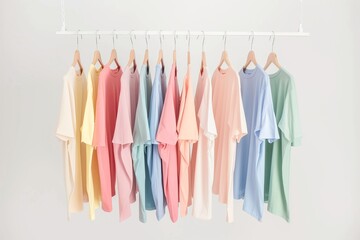 A rack with casual t-shirts hanging on wooden hangers, arranged in an organized and stylish manner against a white background. The shirts come in various colors including pastel