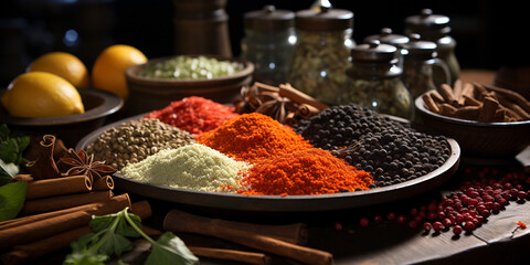 wide panoramic food banner background image, colorful and delicious spices in dishes and jars with traditional grinding tools on a wooden table    