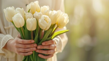 Bunch of white tulip flowers as present. woman hold bunch flowers. light background, copy space.