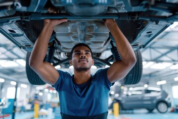 A mechanic is working on the undercarriage