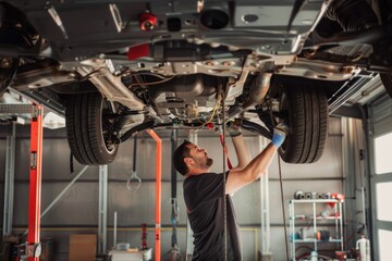 A mechanic is working on the undercarriage