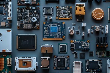 Detailed flat lay of computer components showcasing technology and electronics industry