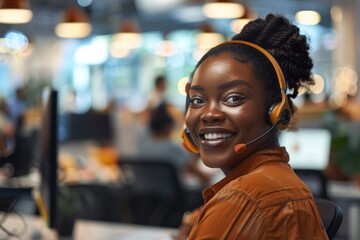 A smiling Black woman call center agent wearing a headset in an office setting with blurred coworkers working behind her