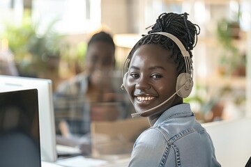 A smiling Black woman call center agent wearing a headset in an office setting with blurred coworkers working behind her