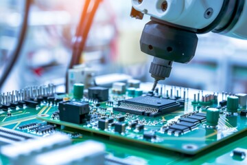 Robotic arm performing precision work on electronic circuit board