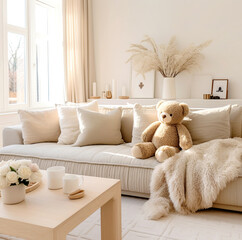 Scandinavian hygge interior design of modern living room, home.