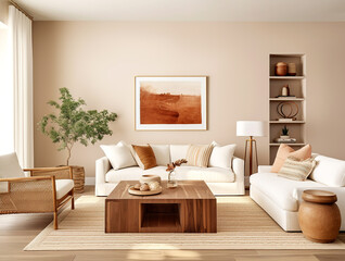 Scandinavian interior design of modern living room, home with shelf in peach wall. - obrazy, fototapety, plakaty