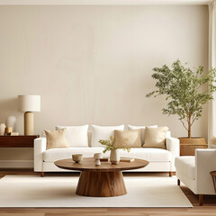 Scandinavian interior design of modern living room, home with blank stucco wall with copy space.