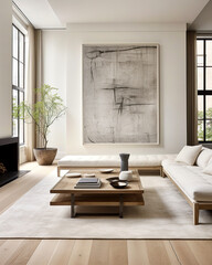 Naklejka premium Scandinavian interior design of modern living room, home with fireplace and big poster frame.