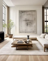 Foto auf Acrylglas Scandinavian interior design of modern living room, home with fireplace and big poster frame. © Vadim Andrushchenko