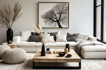 Scandinavian, nordic interior design of modern living room, home. Sofa, knitted pouf and rustic coffee table.