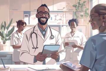 A doctor in a white coat with a stethoscope around his neck holding an iPad