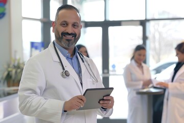 A doctor in a white coat with a stethoscope around his neck holding an iPad