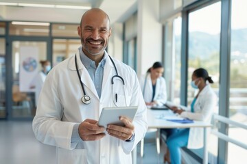 A doctor in a white coat with a stethoscope around his neck holding an iPad