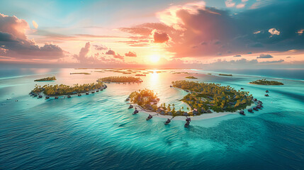 Breathtaking Aerial Perspective of a Tropical Resort, Where Overwater Bungalows Dot the Pristine Blue Lagoon