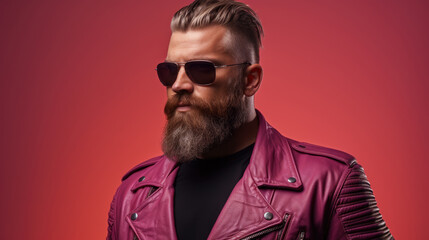 Obraz premium Fashionable brutal man with a beard in sunglasses and a pink leather jacket on red background. Elegance and Masculinity concept