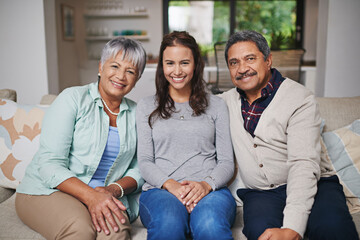 Portrait, senior parents and woman with smile in living room for connection or bonding. Family,...