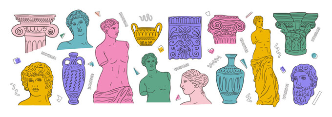 Greek ancient big set, various antique statues. Heads, vase, body. Vector hand drawn illustrations of classic sculpture in trendy modern style