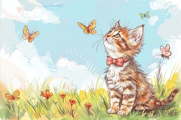 Fototapeta premium A girl doodle of a playful kitten, in a soft bow tie, chasing butterflies in a sunny meadow, doodle style, vibrant color palette, expressive, free-handed, line art, basic shapes
